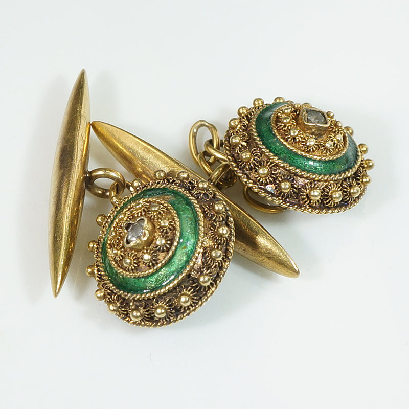 Etruscan Revival 22k Gold & Green Enamel Cufflinks