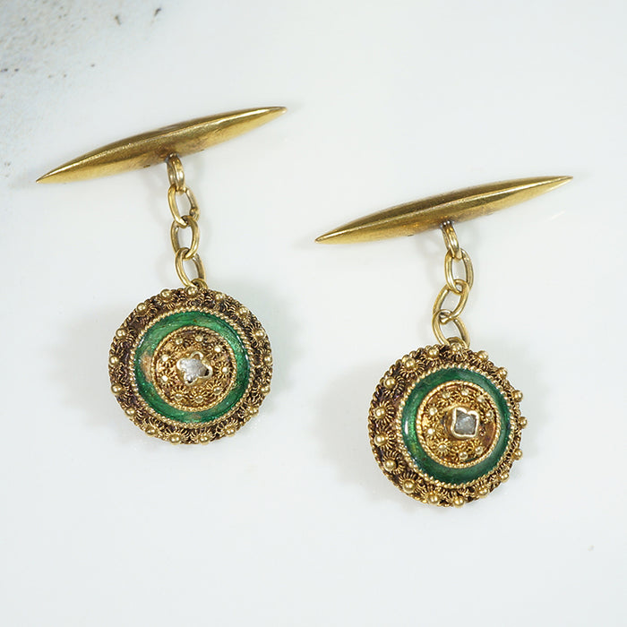 Etruscan Revival 22k Gold & Green Enamel Cufflinks
