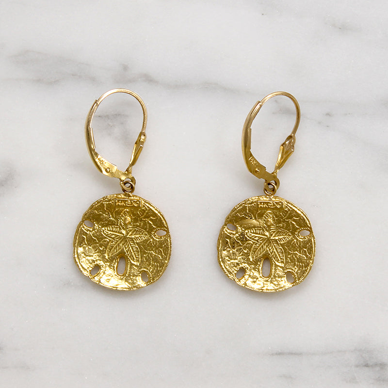 Adorable 14k Gold Sand Dollar Drop Earrings