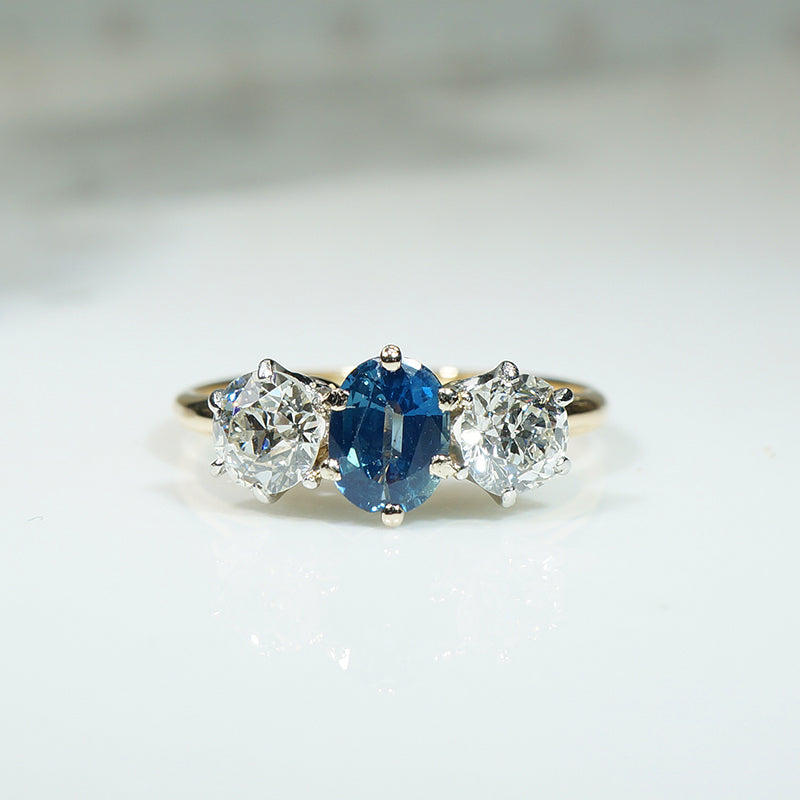 Lovely Old Euro Cut Diamond & Sapphire Trilogy Ring