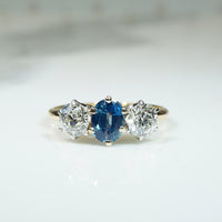 Lovely Old Euro Cut Diamond & Sapphire Trilogy Ring