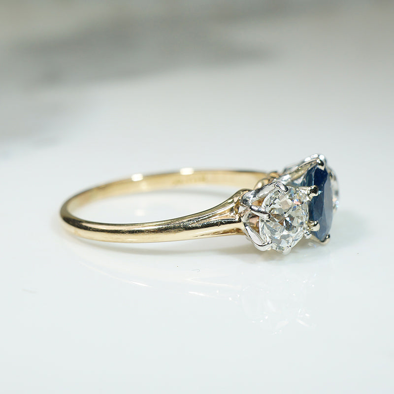 Lovely Old Euro Cut Diamond & Sapphire Trilogy Ring