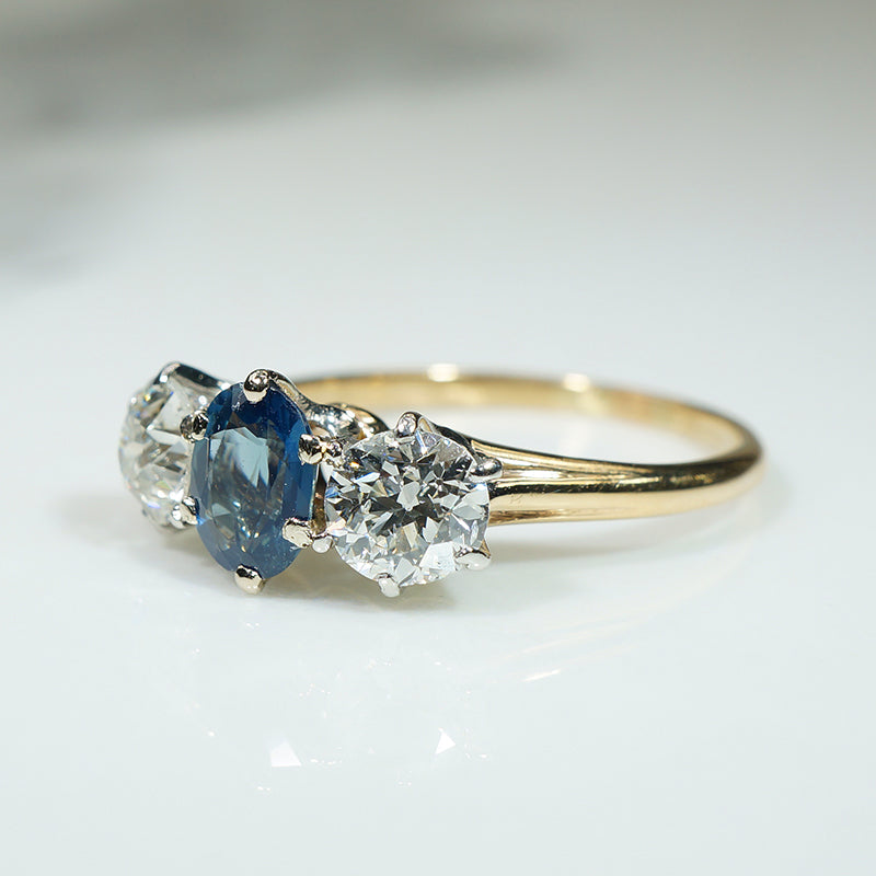 Lovely Old Euro Cut Diamond & Sapphire Trilogy Ring