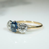 Lovely Old Euro Cut Diamond & Sapphire Trilogy Ring