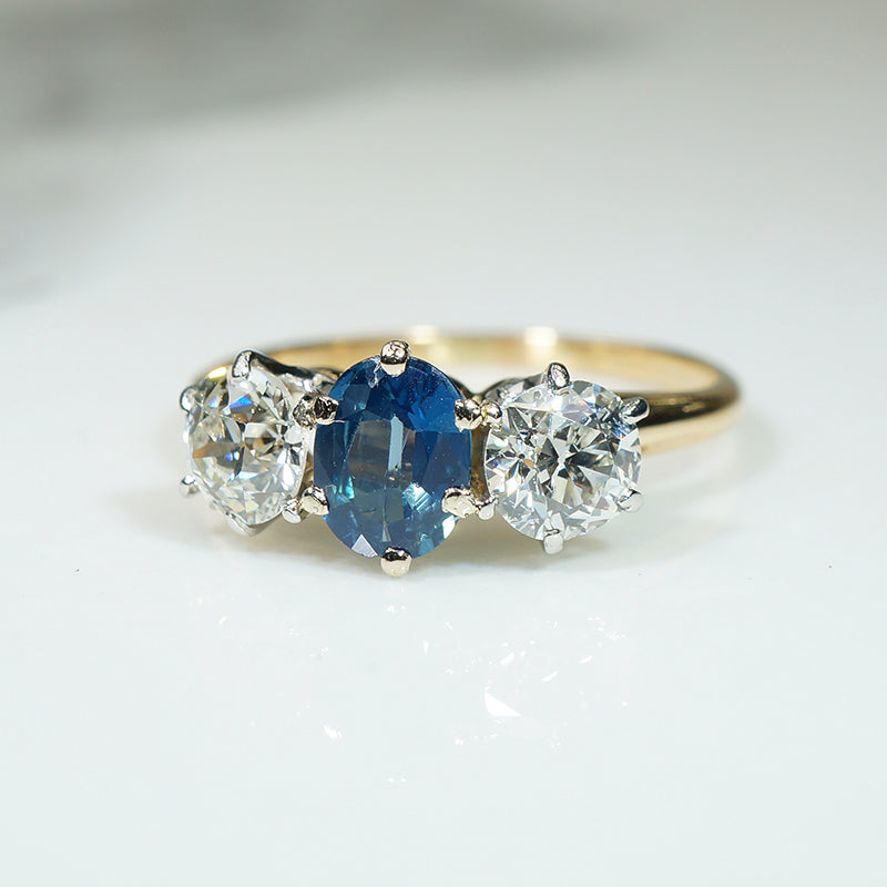 Lovely Old Euro Cut Diamond & Sapphire Trilogy Ring