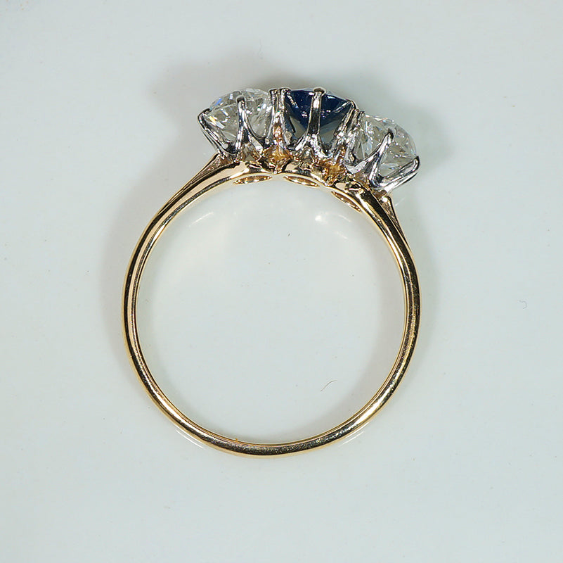 Lovely Old Euro Cut Diamond & Sapphire Trilogy Ring