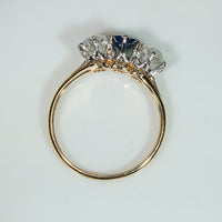 Lovely Old Euro Cut Diamond & Sapphire Trilogy Ring
