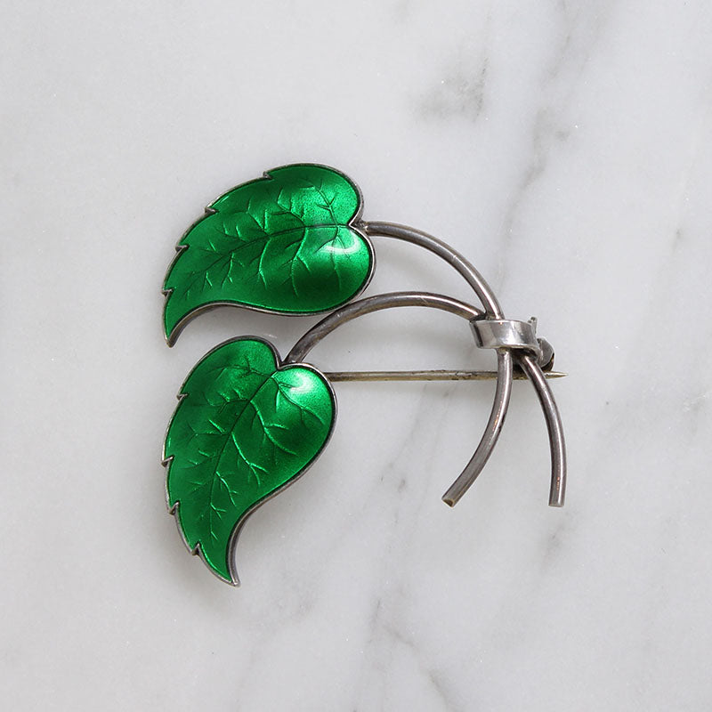 Two Perfect Leaves Sterling & Green Guilloché Enamel Brooch