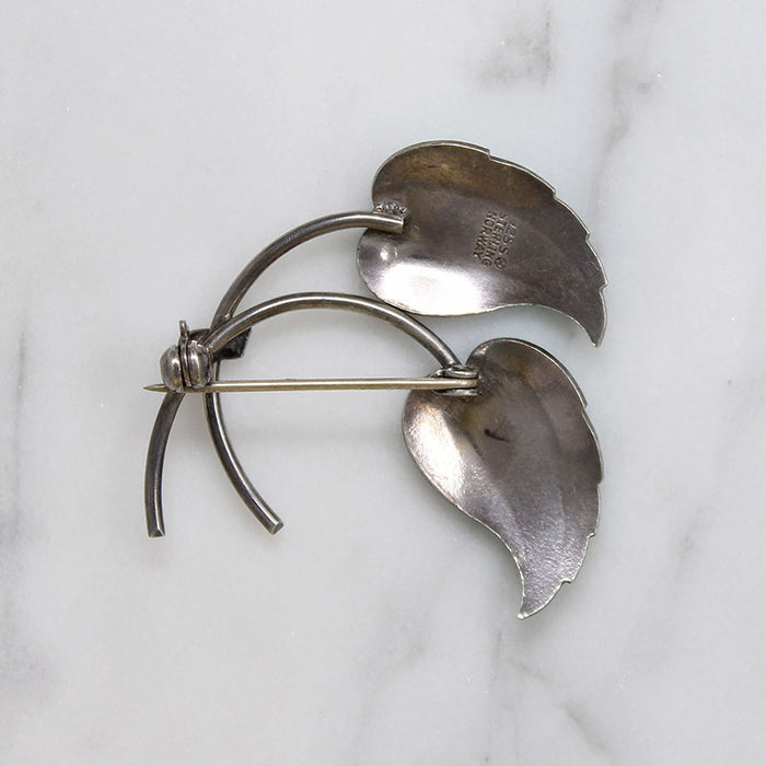 Two Perfect Leaves Sterling & Green Guilloché Enamel Brooch