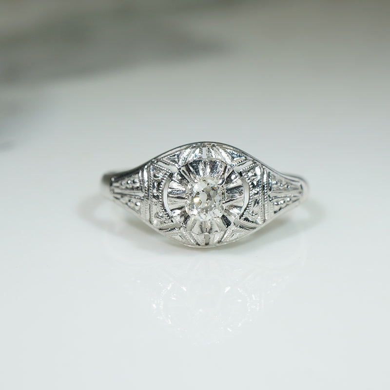 Old Mine Cut Diamond in Ornate Etched Filigree Engagement Ring