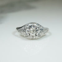 Old Mine Cut Diamond in Ornate Etched Filigree Engagement Ring