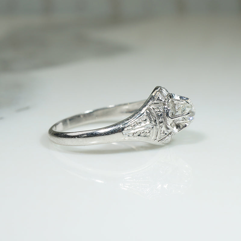 Old Mine Cut Diamond in Ornate Etched Filigree Engagement Ring