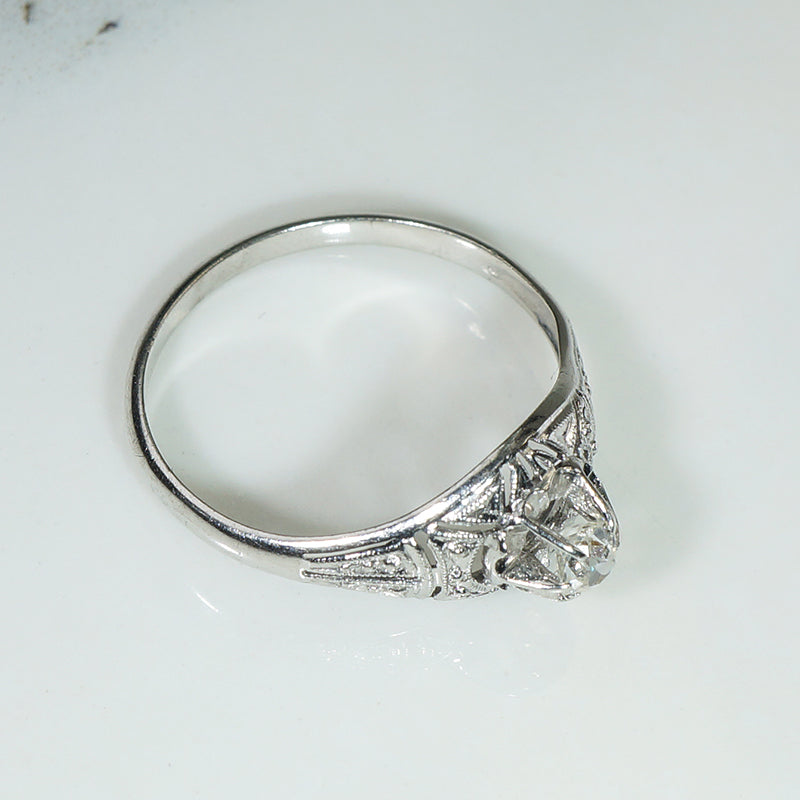 Old Mine Cut Diamond in Ornate Etched Filigree Engagement Ring
