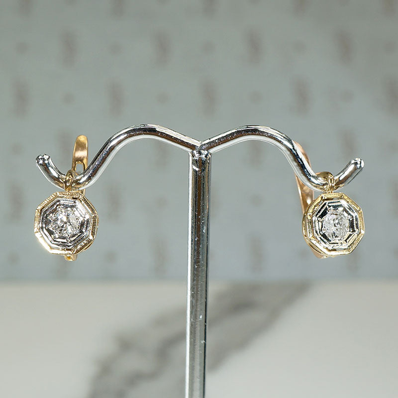 Diamond & Two-Tone Gold Hexagonal Art Deco Earbobs