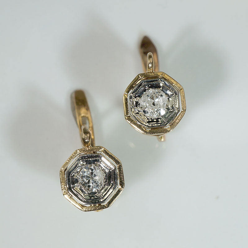 Diamond & Two-Tone Gold Hexagonal Art Deco Earbobs