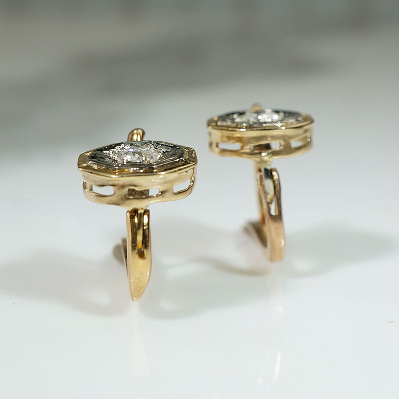 Diamond & Two-Tone Gold Hexagonal Art Deco Earbobs