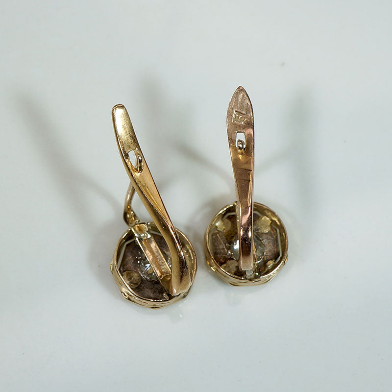 Diamond & Two-Tone Gold Hexagonal Art Deco Earbobs