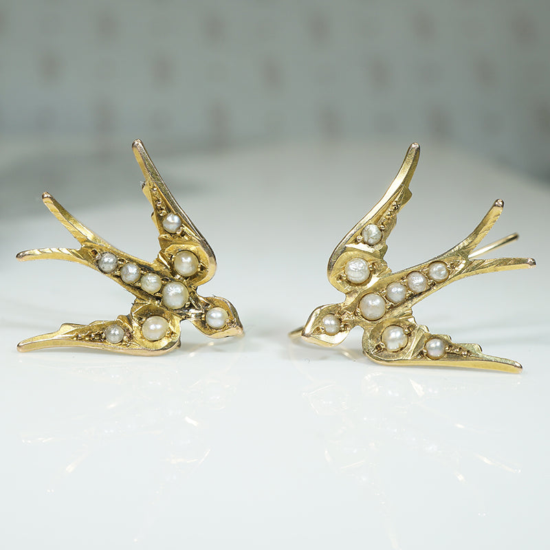 English Swallow Gold & Pearl Earrings 