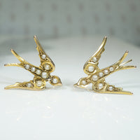 English Swallow Gold & Pearl Earrings 