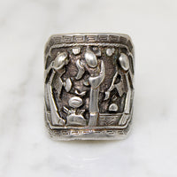 Chinese Silver Panel Ring with Tranquil Scene