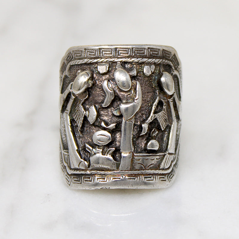 Chinese Silver Panel Ring with Tranquil Scene