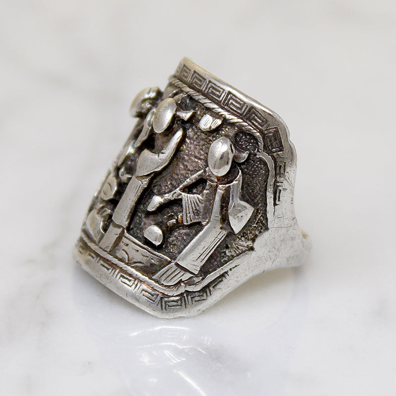Chinese Silver Panel Ring with Tranquil Scene