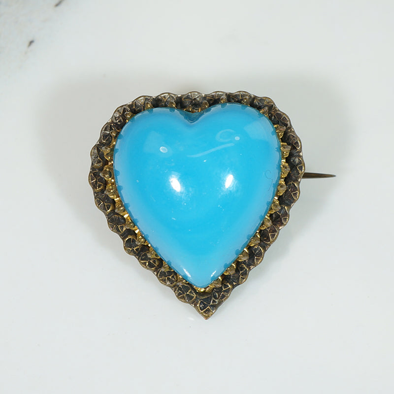 Sentimental Victorian Blue Glass Heart Brooch
