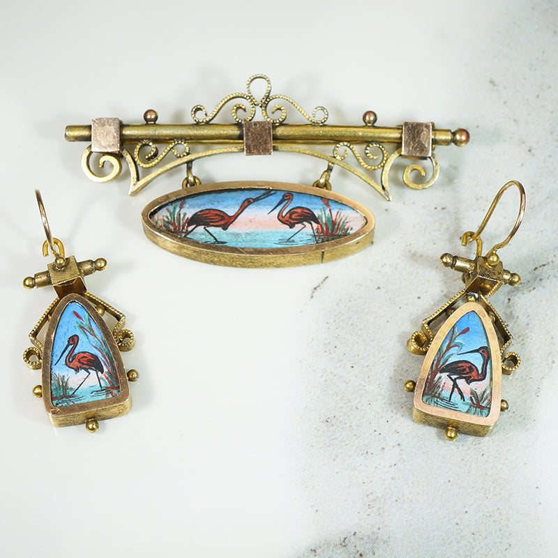 19thc Flamingo Brooch and Earring Set