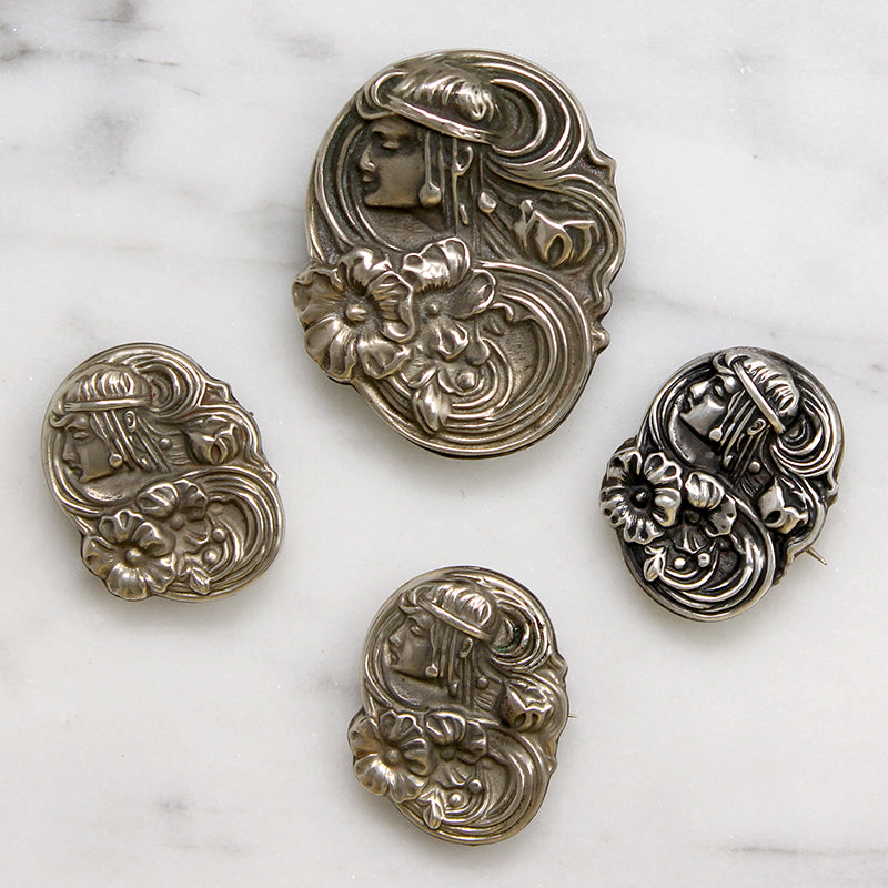 Decadent Art Nouveau Sterling Brooch Set