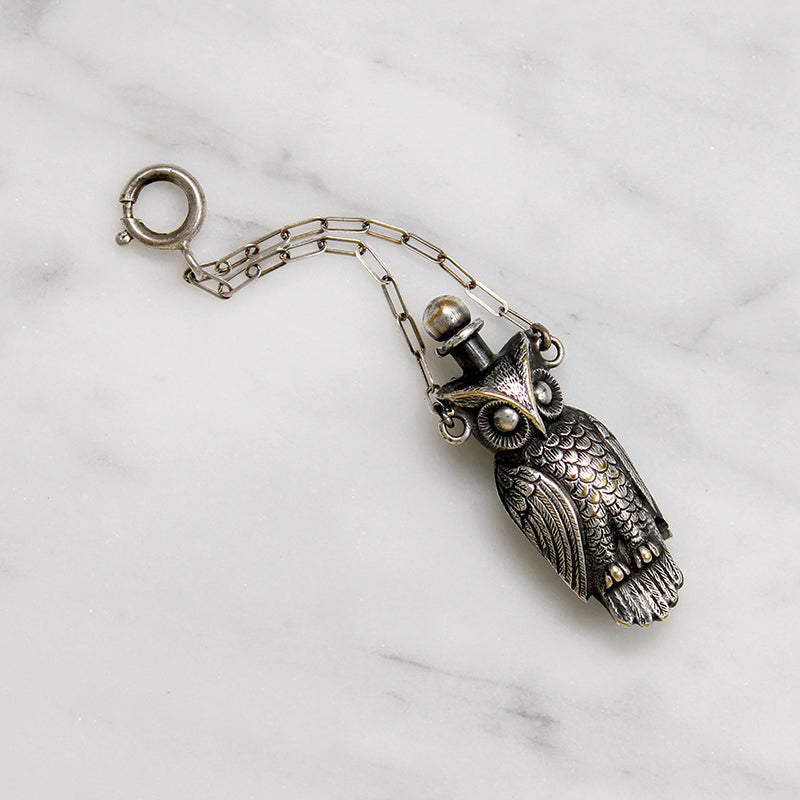 Sterling Owl Perfume Flacon on Chatelaine Ring