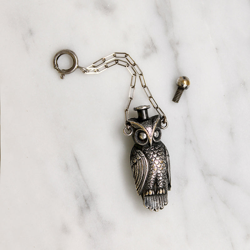 Sterling Owl Perfume Flacon on Chatelaine Ring