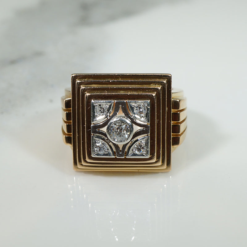 Architectural Old Mine Cut Diamond, 18k Gold & Platinum Deco Ring