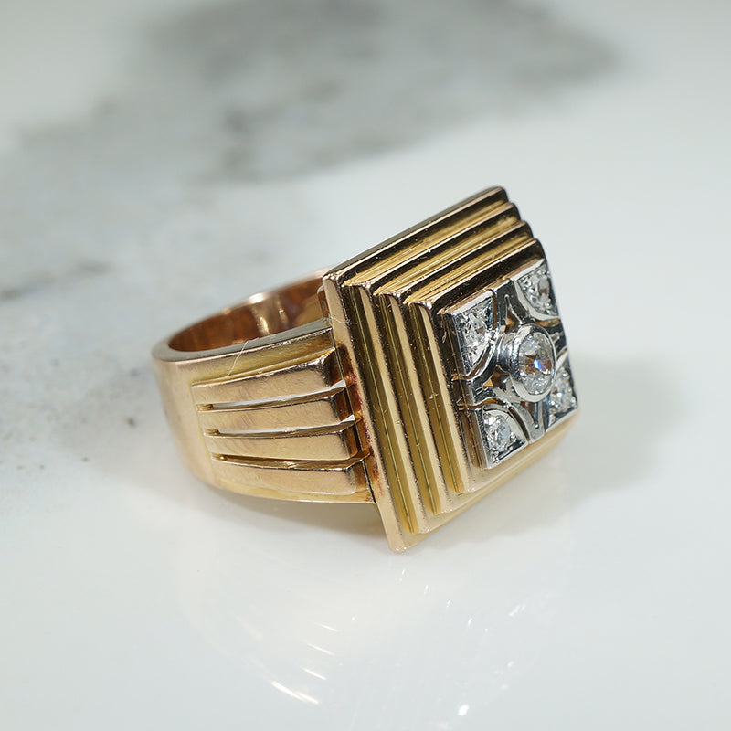Architectural Old Mine Cut Diamond, 18k Gold & Platinum Ring