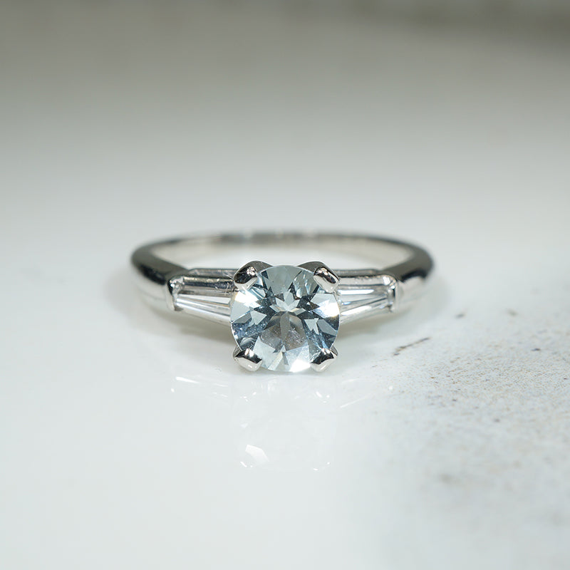 Aquamarine and Baguette Diamond Platinum Engagement Ring