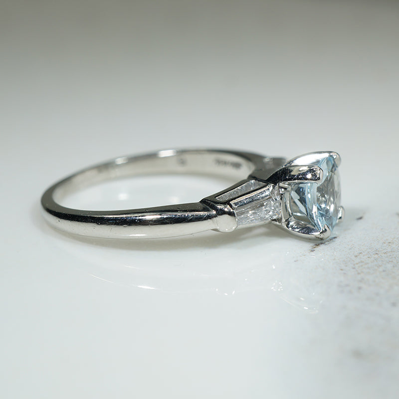 Aquamarine and Baguette Diamond Platinum Engagement Ring