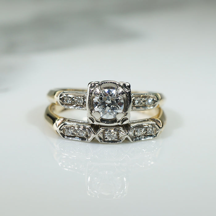 Retro Two-Tone Gold & Diamond Wedding Set