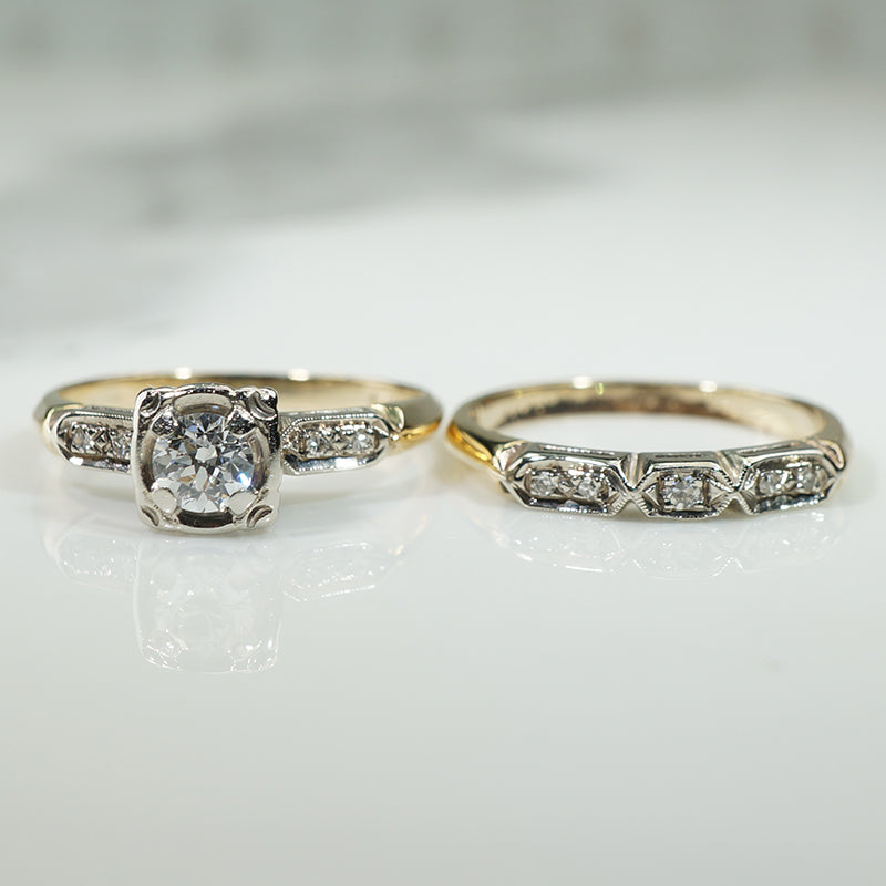 Retro Two-Tone Gold & Diamond Wedding Set