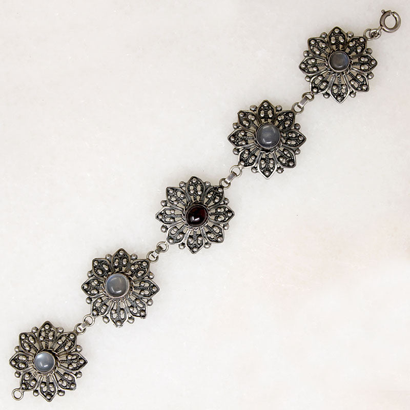 Moonstone & Garnet-Set Sterling Filigree Flower Bracelet