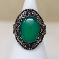 Poison Green Chrysoprase & Marcasite Art Deco Ring