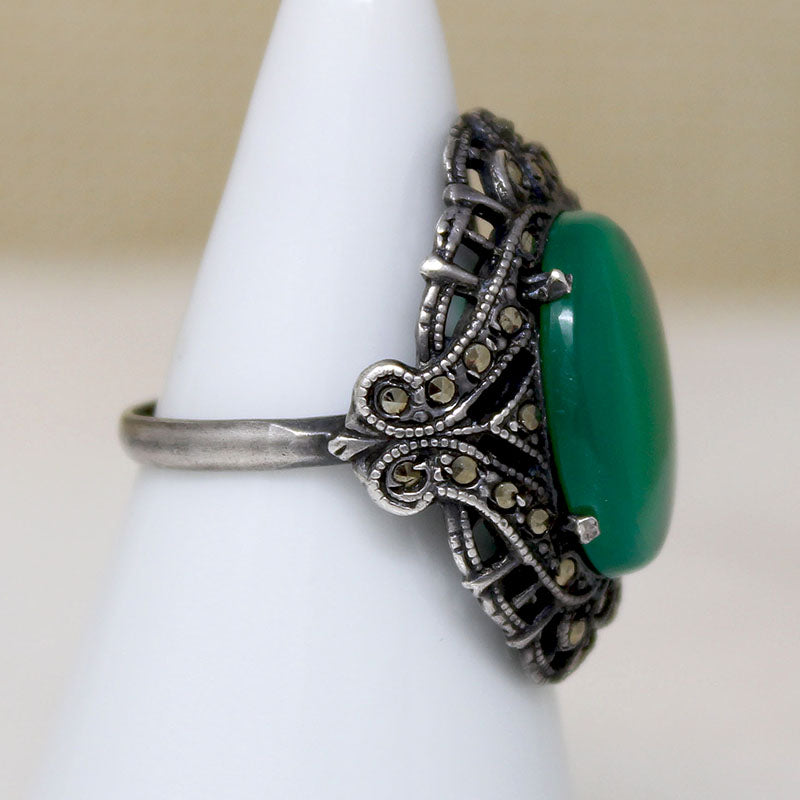 Poison Green Chrysoprase & Marcasite Art Deco Ring