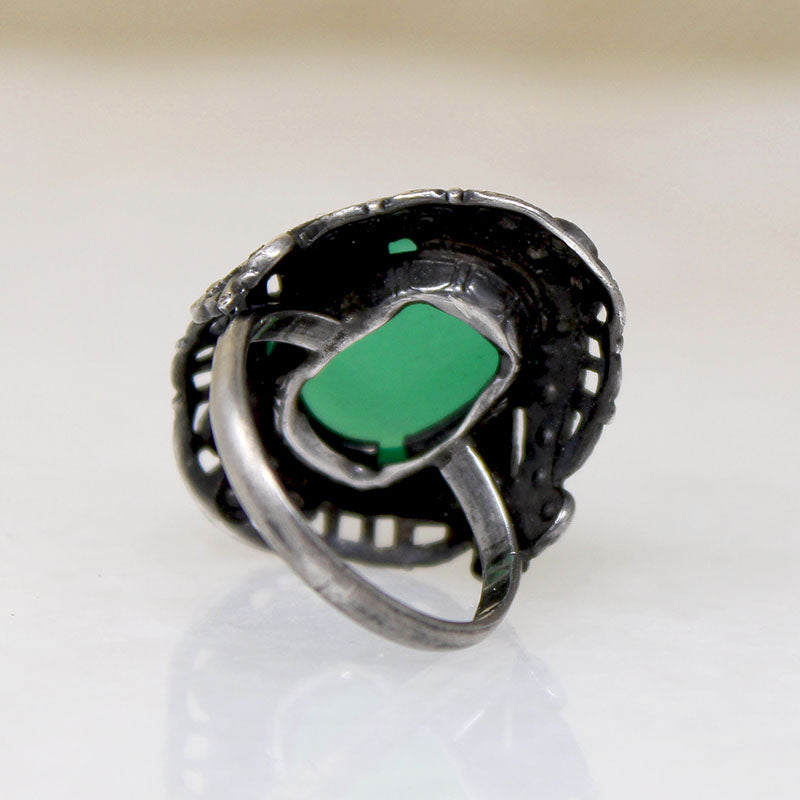 Poison Green Chrysoprase & Marcasite Art Deco Ring