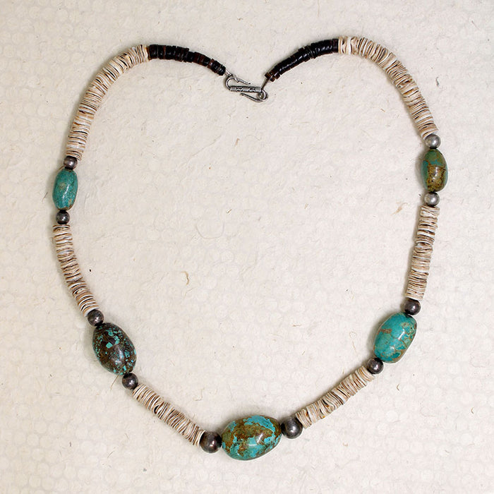 Attractive Shell, Turquoise & Sterling Silver Bead Necklace