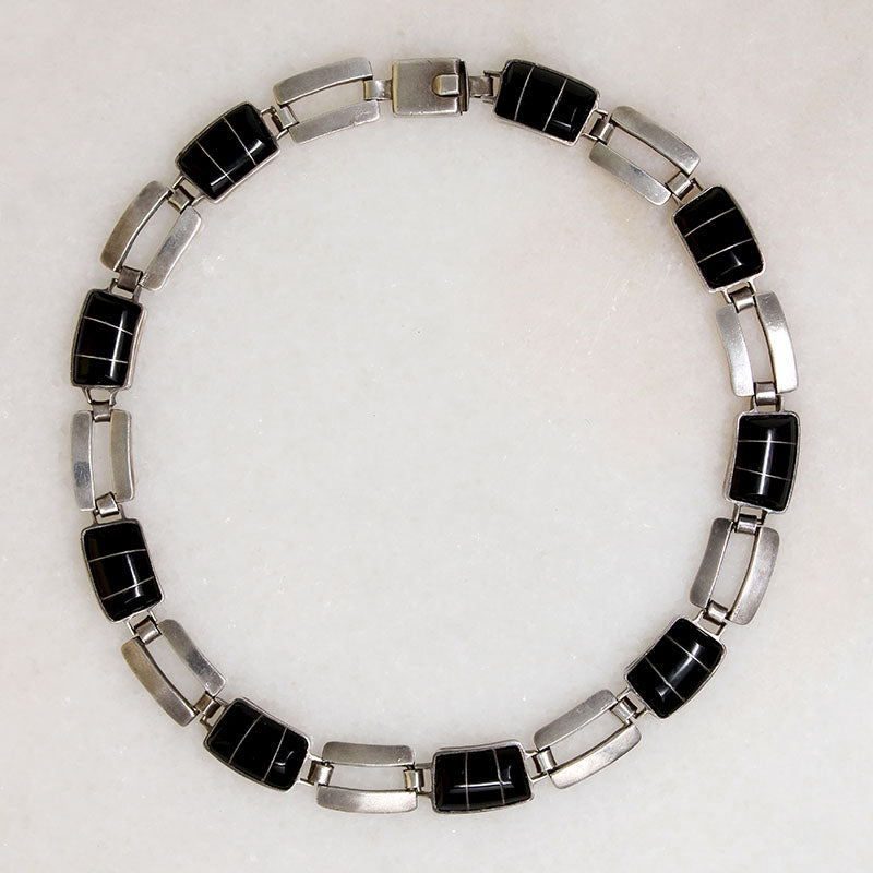 Mexican Choker of 950 Silver & Inlaid Onyx