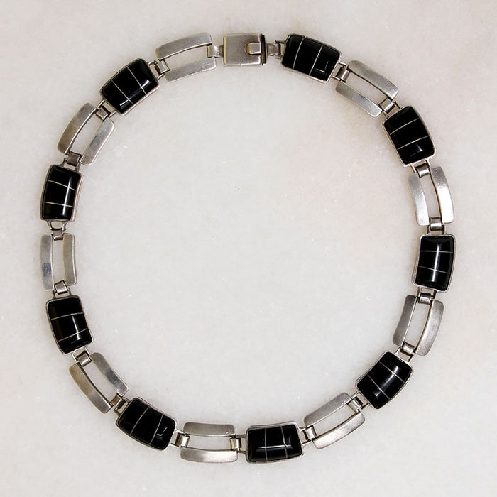 Mexican Choker of 950 Silver & Inlaid Onyx