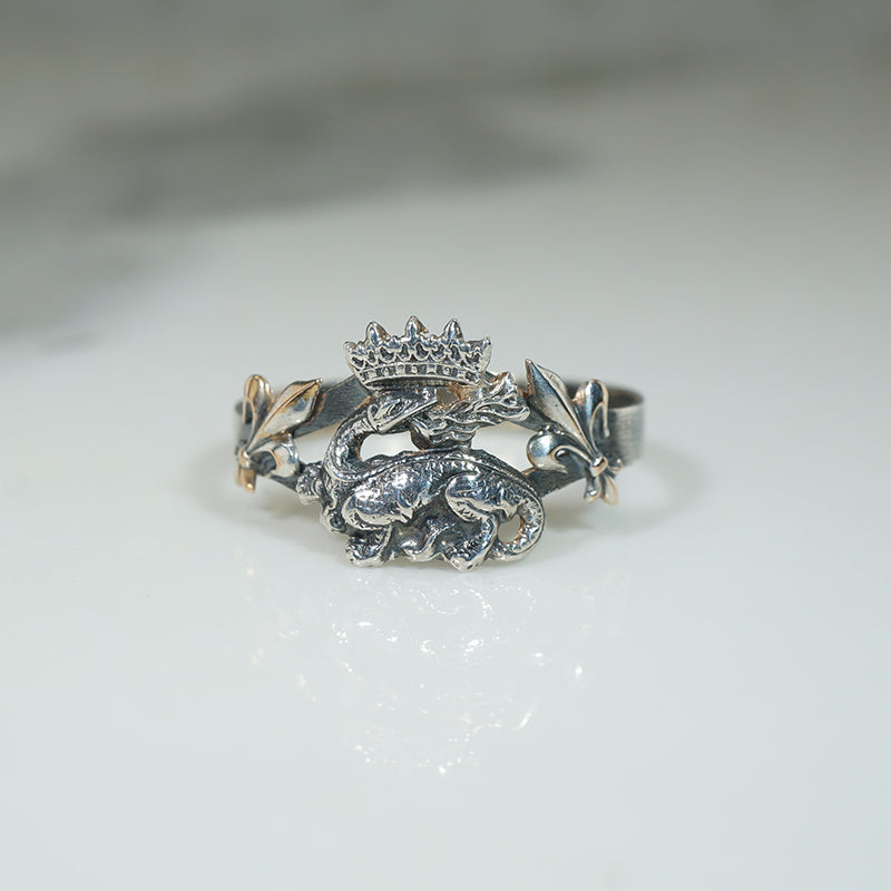 Dragon and Crown French Silver Ring