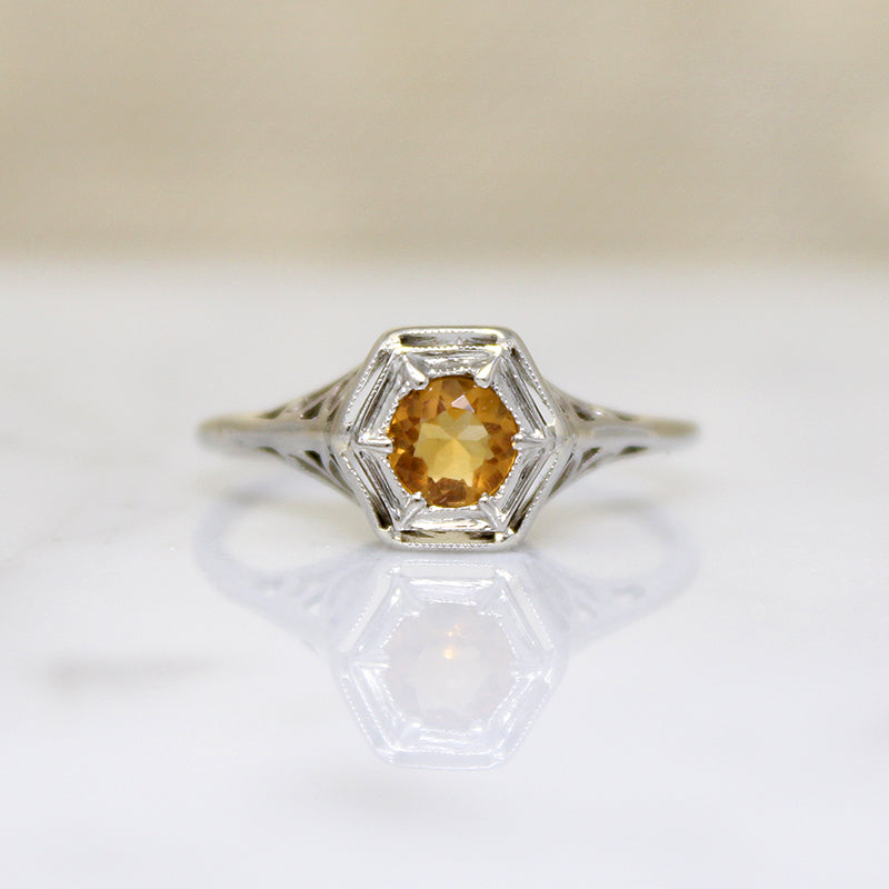 Tangerine Dream Citrine in White Gold Filigree Ring