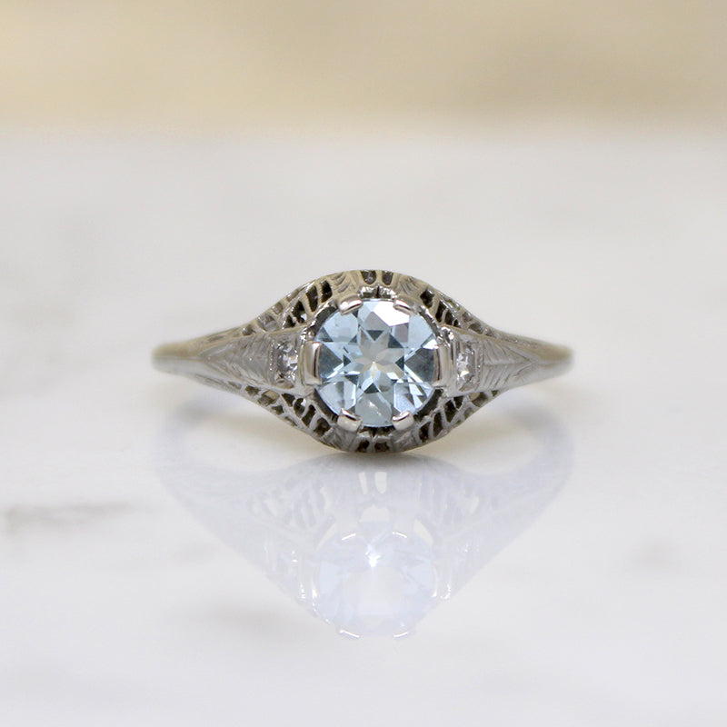 Tranquil Aquamarine & Diamond White Gold Filigree Ring