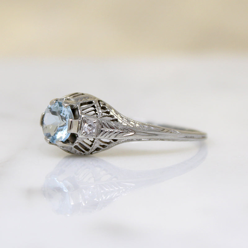 Tranquil Aquamarine & Diamond White Gold Filigree Ring