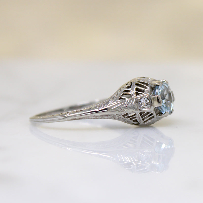 Tranquil Aquamarine & Diamond White Gold Filigree Ring