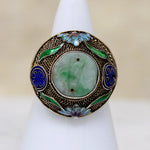 Exquisite Enamel & Jade Chinese Silver Gilt Ring